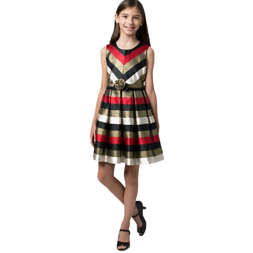 Bonnie Jean Metallic Stripe Gold Sash Bow Waist Sleeveless Party Dress Size 8